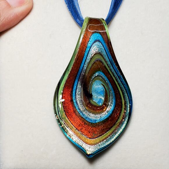 Multi Color Swirl Glass Pendant Blue Lace Necklace 18" Statement - Picture 2 of 5